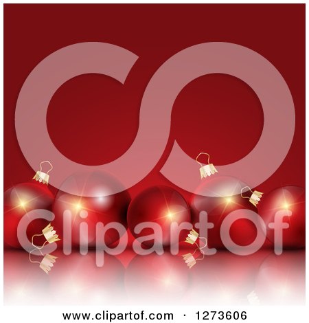Clipart of a 3d Row of Christmas Baubles on a Reflective Surface over Red - Royalty Free Vector Illustration by KJ Pargeter