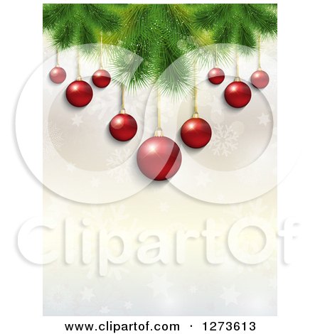 Clipart of a Background of 3d Red Christmas Baubles Suspended from Tree Branches over Snowflakes - Royalty Free Illustration by KJ Pargeter