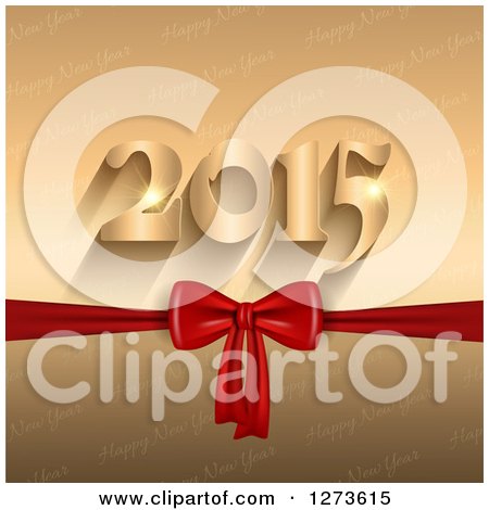 Clipart of a Gold 2015 and Red Bow over Happy New Year Text - Royalty Free Vector Illustration by KJ Pargeter
