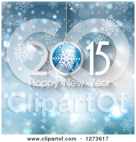 Clipart of a Suspended 2015 Happy New Year Greeting over Blue Snowflakes Stars and Flares - Royalty Free Vector Illustration by KJ Pargeter