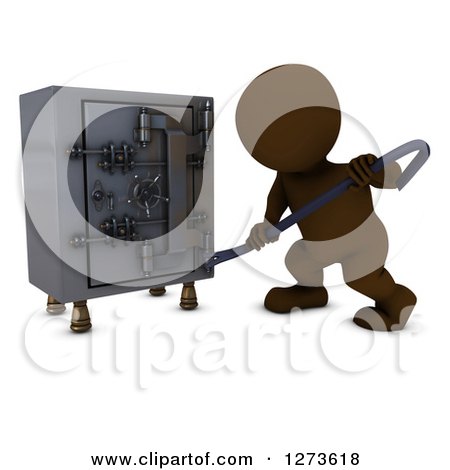 Clipart of a 3d Brown Man Prying into a Safe Vault with a Crow Bar - Royalty Free Illustration by KJ Pargeter