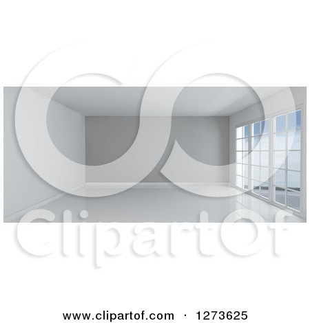 Clipart of a 3d Empty White Room Interior With a Gray Feature Wall and Floor to Ceiling Windows - Royalty Free Illustration by KJ Pargeter
