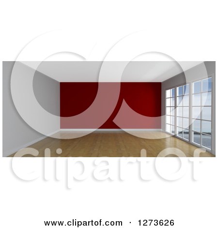 Clipart of a 3d Empty Room Interior with Floor to Ceiling Windows, Wood Floors and a Red Wall - Royalty Free Illustration by KJ Pargeter
