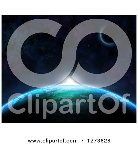 Clipart of a Background of a Sun Rising over a 3d Fictional Planet - Royalty Free Illustration by KJ Pargeter