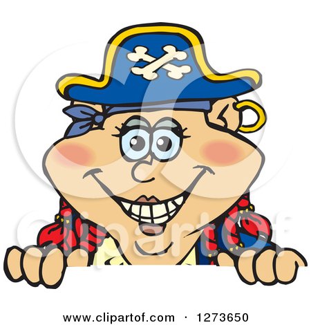 Clipart of a Happy Red Haired Female Pirate Peeking over a Sign - Royalty Free Vector Illustration by Dennis Holmes Designs