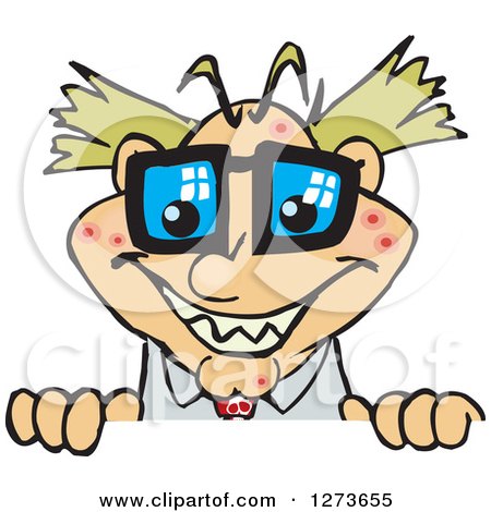 Clipart of a Happy Pimpled Blond White Male Mad Scientist Peeking over a Sign - Royalty Free Vector Illustration by Dennis Holmes Designs