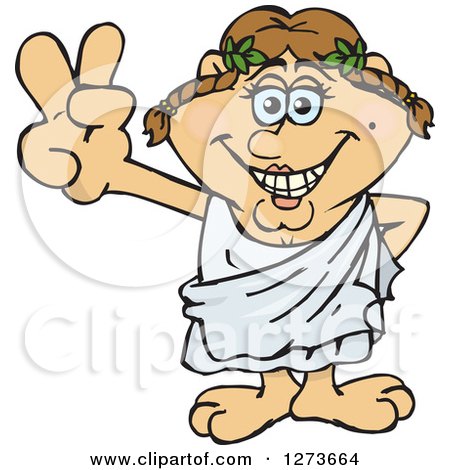 Clipart of a Happy Greek Woman in a Toga, Gesturing Peace - Royalty Free Vector Illustration by Dennis Holmes Designs