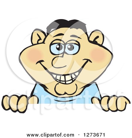 Clipart of a Happy Asian Man Peeking over a Sign - Royalty Free Vector Illustration by Dennis Holmes Designs