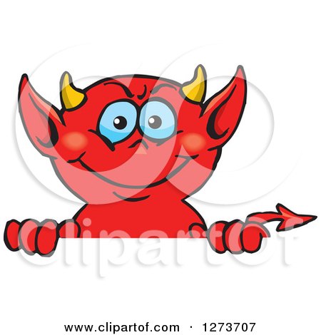 Clipart of a Happy Blue Eyed Red Devil Peeking over a Sign - Royalty Free Vector Illustration by Dennis Holmes Designs