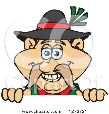Clipart of a Happy German Oktoberfest Man Peeking over a Sign - Royalty Free Vector Illustration by Dennis Holmes Designs