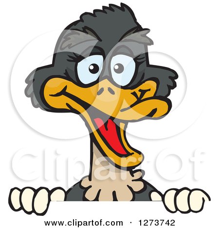 Clipart of a Happy Ostrich Peeking over a Sign - Royalty Free Vector Illustration by Dennis Holmes Designs