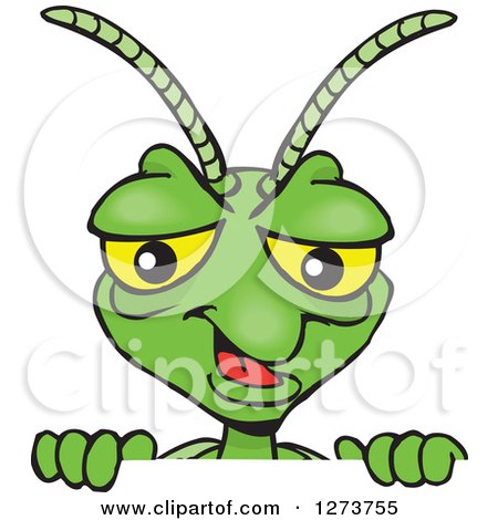 Clipart of a Happy Praying Mantis Peeking over a Sign - Royalty Free Vector Illustration by Dennis Holmes Designs