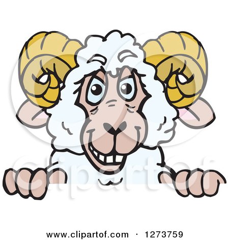 Clipart of a Happy Ram Sheep Peeking over a Sign - Royalty Free Vector Illustration by Dennis Holmes Designs