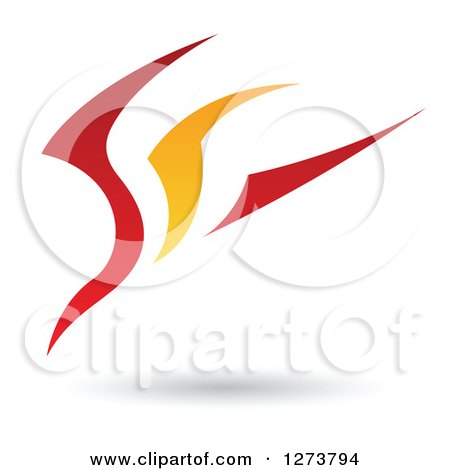 Clipart of a Red and Orange Abstract Flying Bird Design and Shadow - Royalty Free Vector Illustration by cidepix