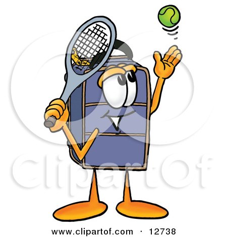 Clipart Picture of a Suitcase Cartoon Character Preparing to Hit a Tennis Ball by Mascot Junction