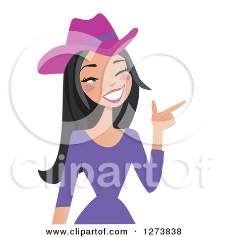 Clipart of a Black Haired Cowgirl Winking and Pointing - Royalty Free Vector Illustration by peachidesigns