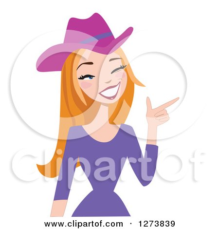 Clipart of a Red Haired Caucasian Cowgirl Winking and Pointing - Royalty Free Vector Illustration by peachidesigns