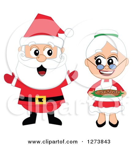 Clipart of a Happy Welcoming Christmas Mr and Mrs Santa Claus - Royalty Free Vector Illustration by peachidesigns