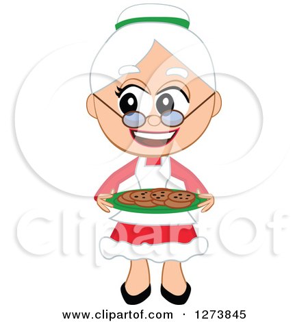 Clipart of a Happy Christmas Mrs Claus Holding a Plate of Cookies - Royalty Free Vector Illustration by peachidesigns