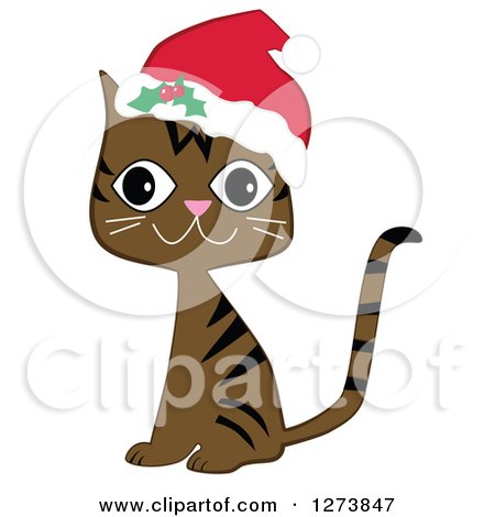 Clipart of a Happy Sitting Brown Christmas Tabby Cat Wearing a Santa Hat - Royalty Free Vector Illustration by peachidesigns