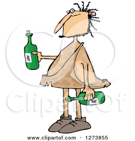 Clipart of a Hairy Caveman Holding Wine Bottles - Royalty Free Vector Illustration by djart