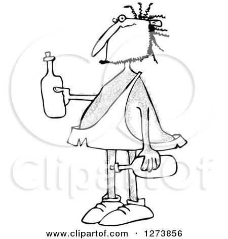 Clipart of a Black and White Hairy Caveman Holding Wine Bottles - Royalty Free Vector Illustration by djart