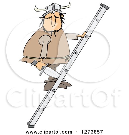 Clipart of a Viking Man Holding a Sword and Climbing a Ladder - Royalty Free Vector Illustration by djart