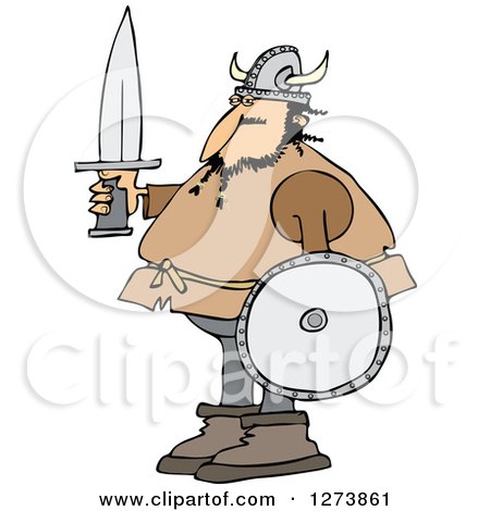 Clipart of a Viking Man Holding a Sword and Shield - Royalty Free Vector Illustration by djart