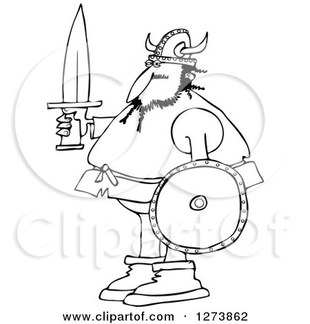 Clipart of a Black and White Viking Man Holding a Sword and Shield - Royalty Free Vector Illustration by djart