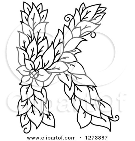 Clipart of a Black and White Floral Capital Letter K with a Flower - Royalty Free Vector Illustration by Vector Tradition SM