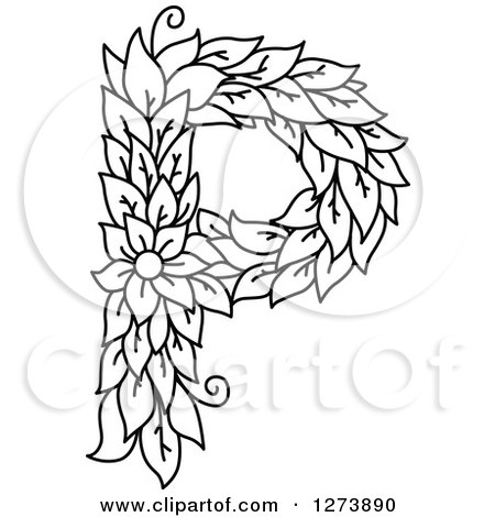 Clipart of a Black and White Floral Capital Letter P with a Flower - Royalty Free Vector Illustration by Vector Tradition SM
