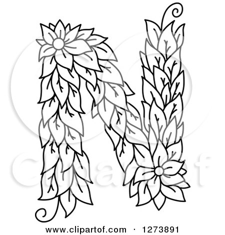 Clipart of a Black and White Floral Capital Letter N with a Flower - Royalty Free Vector Illustration by Vector Tradition SM