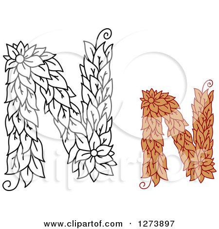Clipart of Black and White and Colored Floral Capital Letter N Designs - Royalty Free Vector Illustration by Vector Tradition SM