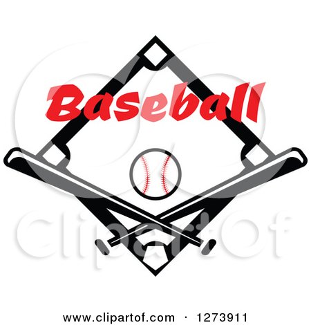 Clipart of a Black Diamond with a Ball Baseball Text and Crossed Bats - Royalty Free Vector Illustration by Vector Tradition SM