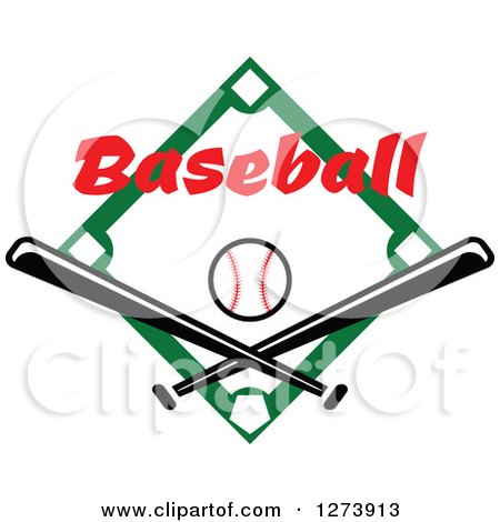 Clipart of a Green Diamond with a Ball Baseball Text and Crossed Bats 3 - Royalty Free Vector Illustration by Vector Tradition SM