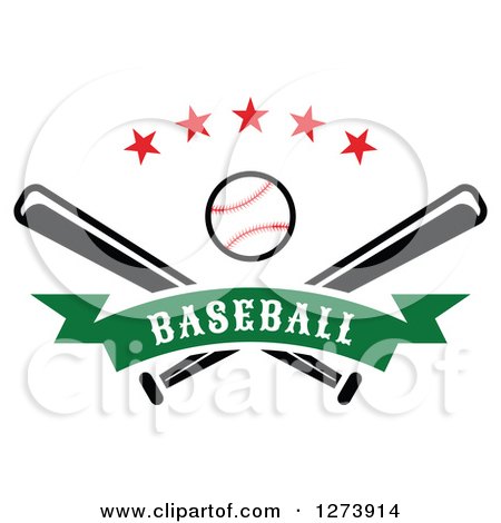 Clipart of a Baseball and Crossed Bats with Stars and a Green Banner - Royalty Free Vector Illustration by Vector Tradition SM