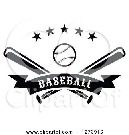 Clipart of a Black and White Baseball and Crossed Bats with Stars and a Banner - Royalty Free Vector Illustration by Vector Tradition SM