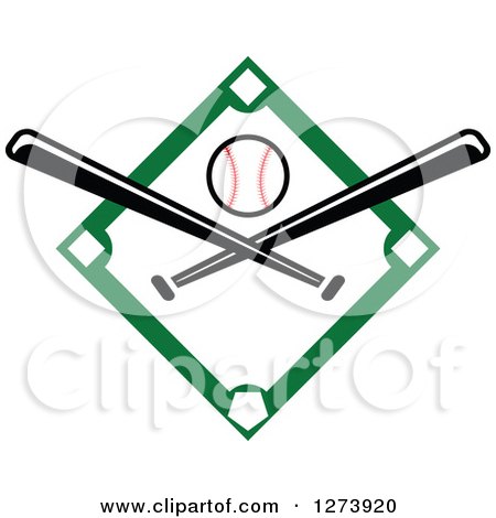 Clipart of a Green Baseball Diamond with a Ball and Crossed Bats - Royalty Free Vector Illustration by Vector Tradition SM