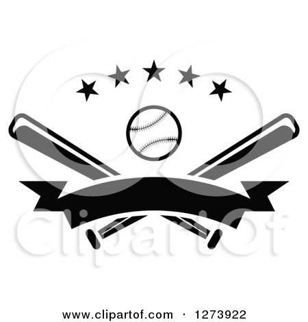 Clipart of a Black and White Baseball and Crossed Bats with Stars and a Blank Banner - Royalty Free Vector Illustration by Vector Tradition SM