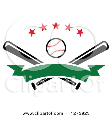 Clipart of a Baseball and Crossed Bats with Stars and a Blank Green Banner - Royalty Free Vector Illustration by Vector Tradition SM