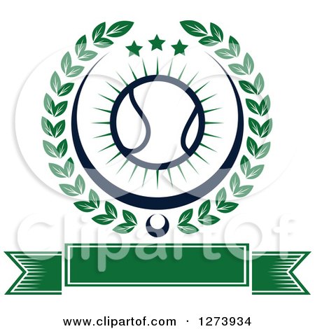 Clipart of a Tennis Ball and Stars in a Green Wreath over a Blank Banner - Royalty Free Vector Illustration by Vector Tradition SM