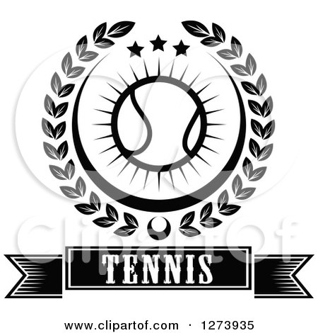 Clipart of a Black and White Tennis Ball and Stars in a Wreath over a Banner - Royalty Free Vector Illustration by Vector Tradition SM