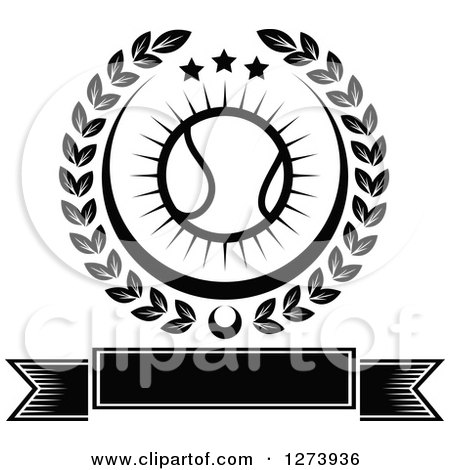 Clipart of a Black and White Tennis Ball and Stars in a Wreath over a Blank Banner - Royalty Free Vector Illustration by Vector Tradition SM