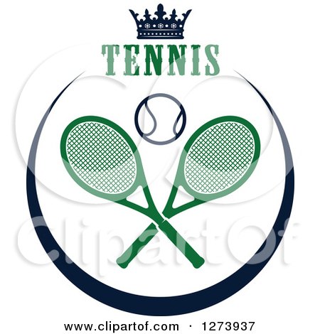 Clipart of a Tennis Ball and Crossed Green Rackets in a Black Circle with Text and a Crown - Royalty Free Vector Illustration by Vector Tradition SM