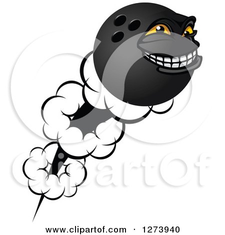 Clipart of a Grinning and Flying Bowling Ball Character - Royalty Free Vector Illustration by Vector Tradition SM