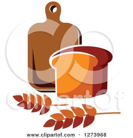 Clipart of a Loaf of Bread, Wheat and Wood Cutting Board - Royalty Free Vector Illustration by Vector Tradition SM
