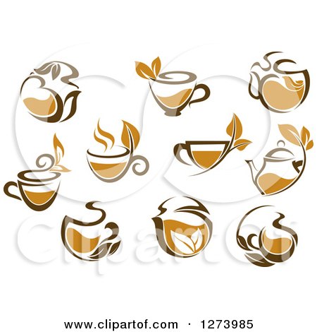 Clipart of Leafy Brown Tea Cups and Kettles - Royalty Free Vector Illustration by Vector Tradition SM