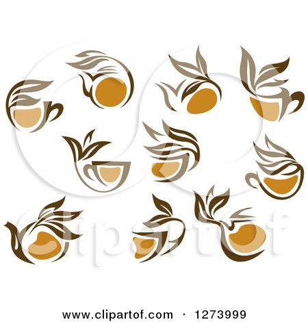 Clipart of Leafy Brown Tea Cups and Kettles 2 - Royalty Free Vector Illustration by Vector Tradition SM