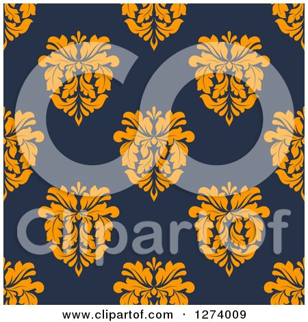 Clipart of a Seamless Background Pattern of Orange Damask Floral on Navy Blue - Royalty Free Vector Illustration by Vector Tradition SM