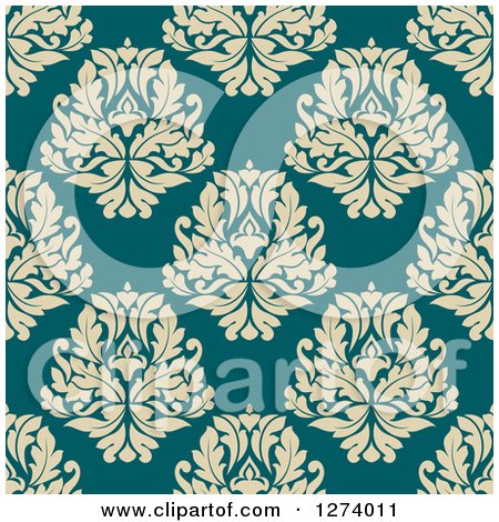 Clipart of a Seamless Background Pattern of Tan Damask Floral on Blue - Royalty Free Vector Illustration by Vector Tradition SM